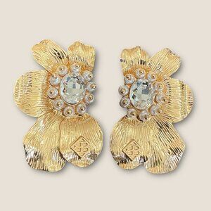 Golden Bloom Floral Earrings With Crystal & Pearl Accents By Brianna Cannon Text